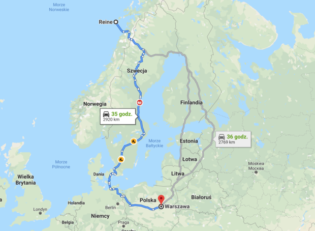 Trasa z Warszawy na Lofoty w Norwegii